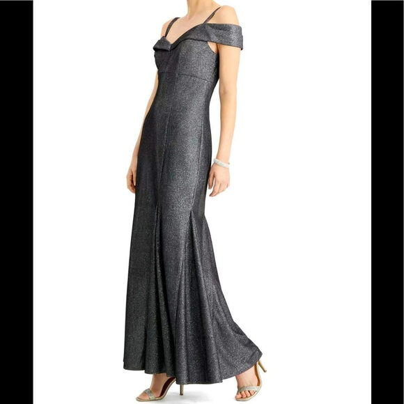 Women’s Formal Dress Sizes 6, 16 R&M Richards Gown Gray Metallic Cold Shoulder - Picture 2 of 6
